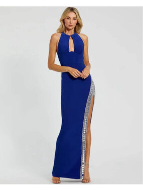 Mac Duggal 42053 Royal Blue Halter Neck Diamond Rhinestone Slit Maxi Dress 2